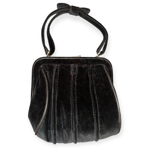 NICOLE FARHI Vintage Black Silk Velvet Evening Purse with Leather Piping - Picture 2 of 9